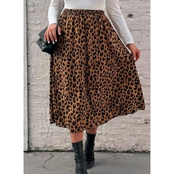 Shein Curve Orange Animal Print Size 12 2XL Pull On Midi Skirt Women's Plus Boho - Picture 2 of 8